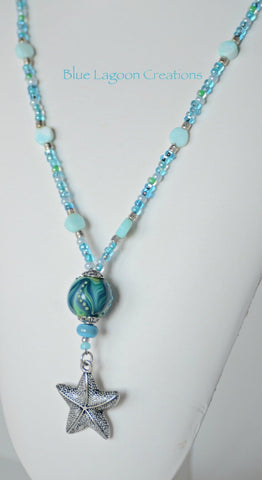 Light Blue Turqoise Beaded Pendant Necklace with Lampwork Bead by Michal Silberberg