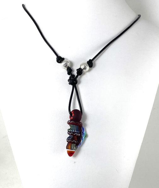 Black Leather Adjustable Necklace with Red Glass Seashell