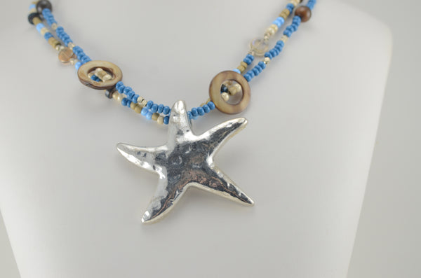 Blue and Gold Two Strand Necklace with Starfish Pendant
