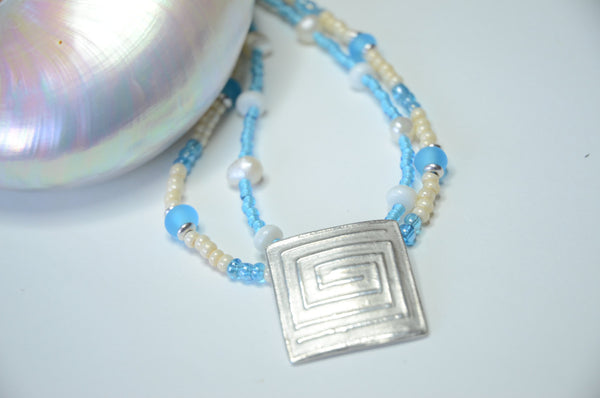 2 Strand Greek Key Fine Silver Pendant Necklace