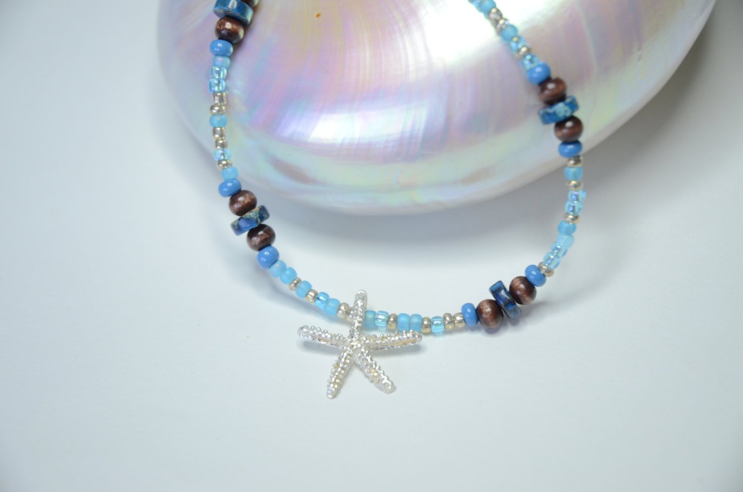 Blue and Brown Fine Silver Starfish Pendant Necklace