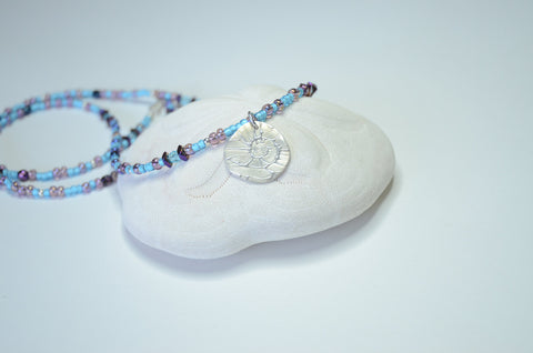 Aqua and Purple Fine Silver Sea Shell Medallion Necklace
