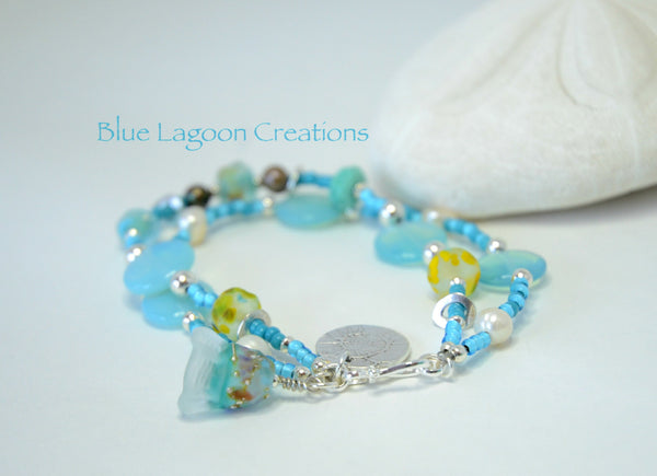 Two Strand Bracelet with Silver Charm and Paradise Lampwork Beads