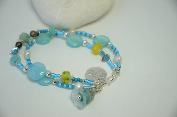 Two Strand Bracelet with Silver Charm and Paradise Lampwork Beads