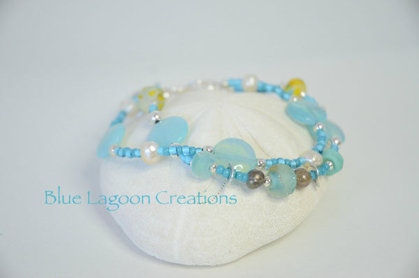 Two Strand Bracelet with Silver Charm and Paradise Lampwork Beads