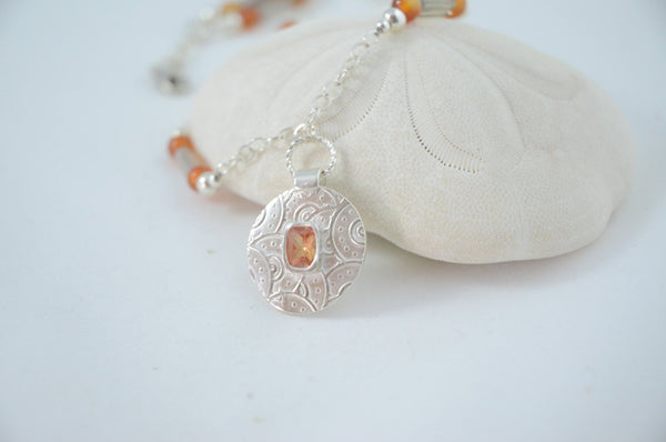 Sterling Silver Pendant Necklace with Orange and Grey Stones