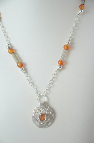 Sterling Silver Pendant Necklace with Orange and Grey Stones