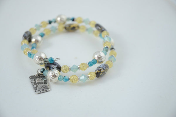Yellow and Aqua Memory Wire Bracelet with Silver and Crystals and Jasper
