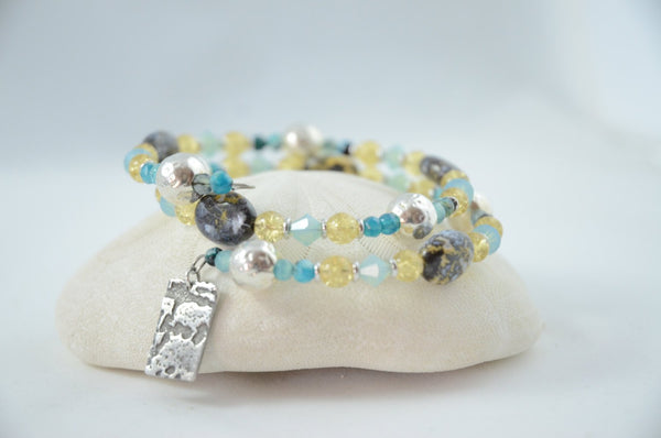 Yellow and Aqua Memory Wire Bracelet with Silver and Crystals and Jasper