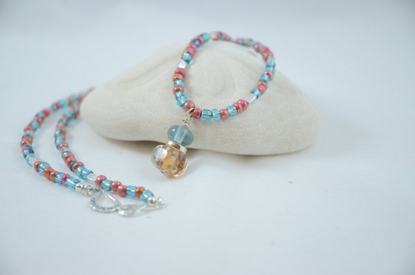 Aqua and Salmon Lampwork Pendant & Beaded Necklace