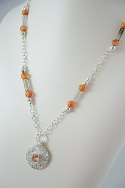 Sterling Silver Pendant Necklace with Orange and Grey Stones