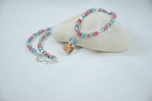 Aqua and Salmon Lampwork Pendant & Beaded Necklace