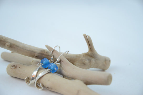 Blue Lampwork bead and silver hook earrings