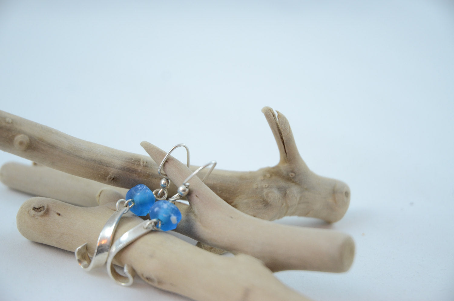 Blue Lampwork bead and silver hook earrings