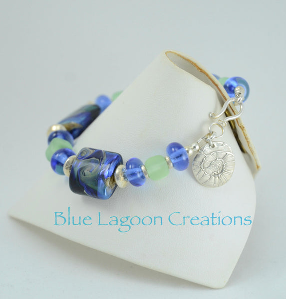 Blue and Green Artisan Glass Bead Bracelet