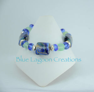 Blue and Green Artisan Glass Bead Bracelet