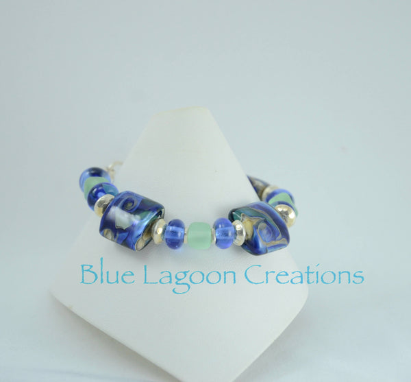 Blue and Green Artisan Glass Bead Bracelet