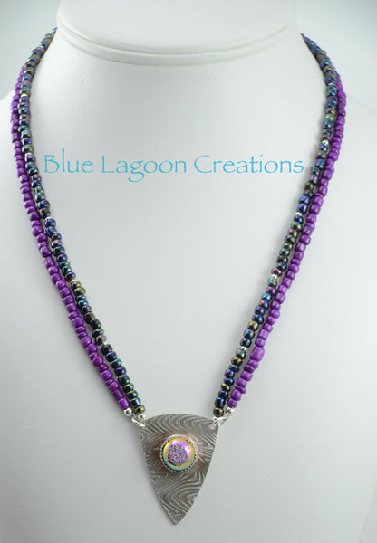 Two Strand Purple Bead Necklace w/ Sterling Silver Shield and Bezel Set Druzy
