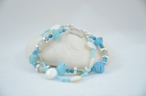 Two strand Sea Blue Lampwork and Mother of Pearl Bracelet