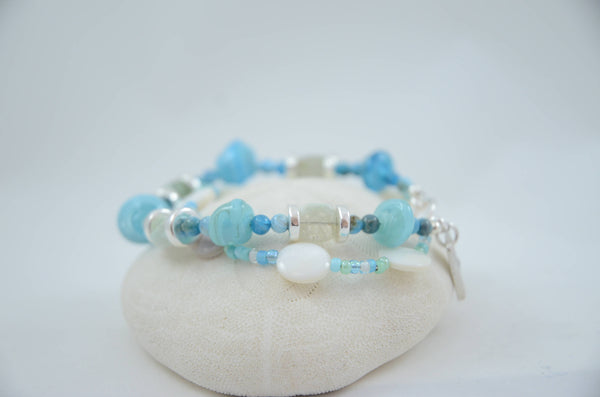 Two strand Sea Blue Lampwork and Mother of Pearl Bracelet