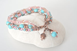 Copper and Turquoise Lampwork Multistrand Beaded Bracelet