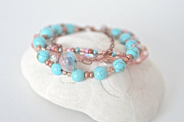 Copper and Turquoise Lampwork Multistrand Beaded Bracelet