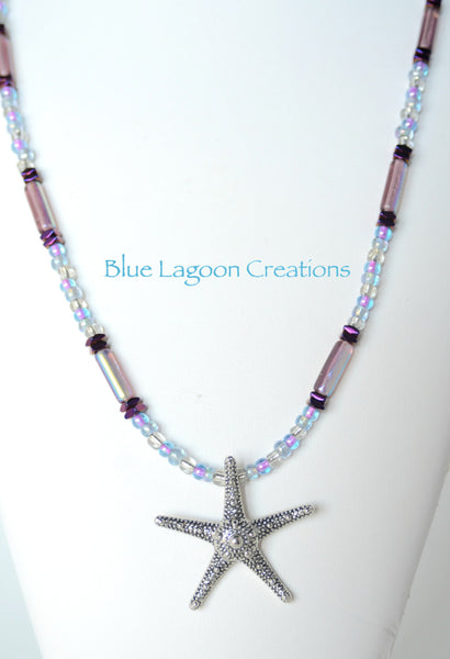 Blue Lagoon Beaded Necklace Purple with Silver Starfish