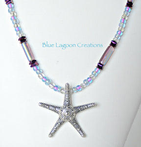Blue Lagoon Beaded Necklace Purple with Silver Starfish