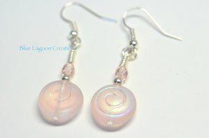 Pink glass shell earrings, pink crystals, nickel free ear wires