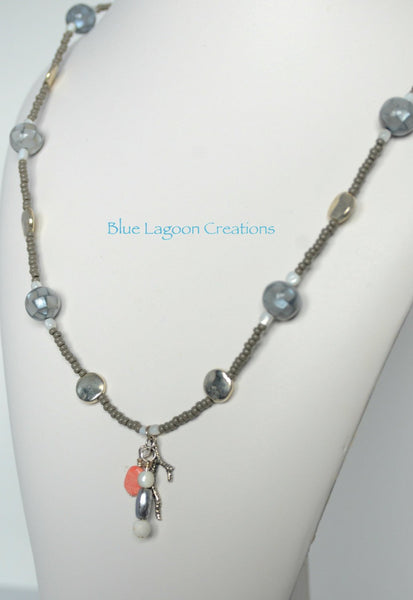Gray & Silver Mother of Pearl and Coral Necklace