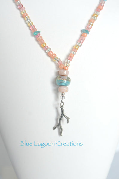Peach, Pink and Blue Lampwork and Beaded Necklace with Sterling Silver Coral Branch Charm