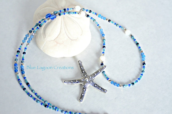 Blue Lagoon Creations, Blue Beaded, Large Starfish Pendant Necklace