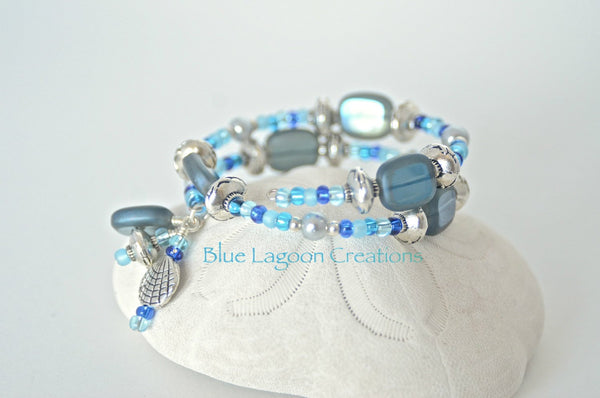 Blue Beaded Memory Wire Bracelet