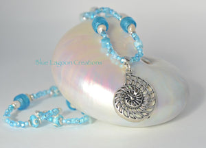 Blue and White Nautilus Shell Necklace