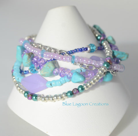 Purple and Aqua Multistrand Beaded Bracelet with Turquoise