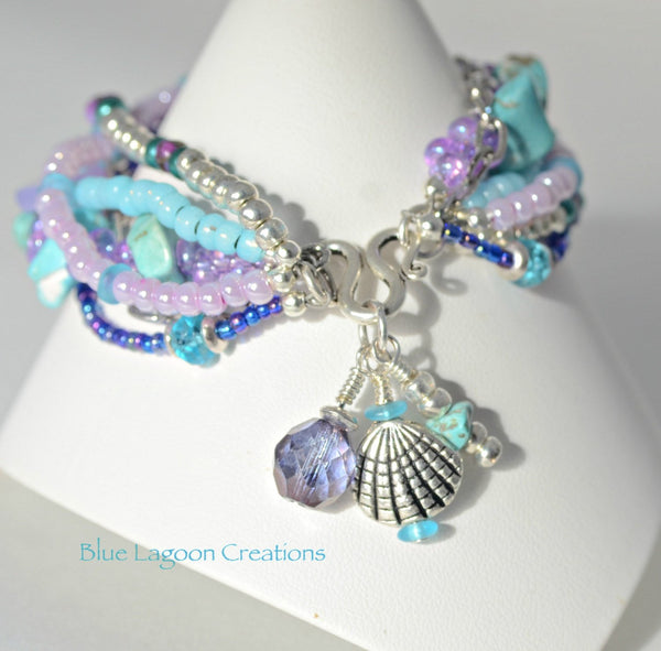 Purple and Aqua Multistrand Beaded Bracelet with Turquoise