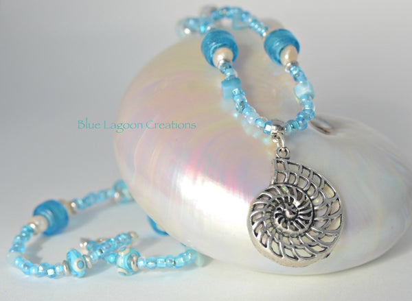 Blue and White Nautilus Shell Necklace