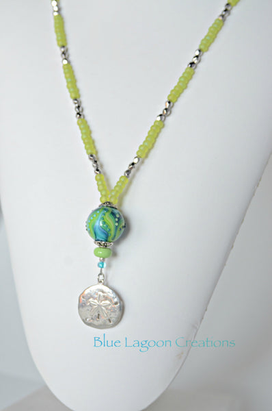 Acid Green Artisan Lampwork Bead and Sand Dollar Necklace
