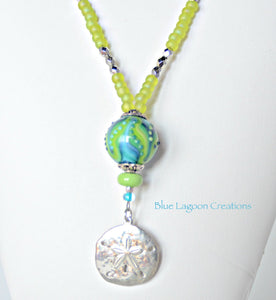 Acid Green Artisan Lampwork Bead and Sand Dollar Necklace