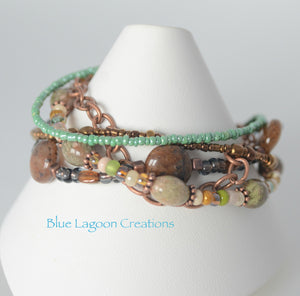 Five Strand Green and Copper Jasper Bead Starfish Bracelet