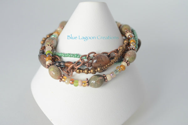 Five Strand Green and Copper Jasper Bead Starfish Bracelet