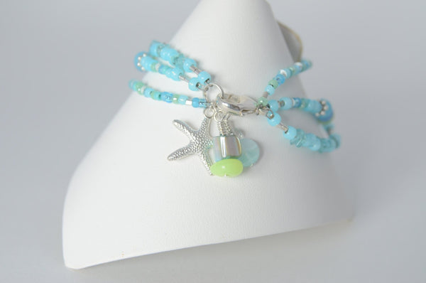 Three Strand Aqua Beaded Starfish Bracelet