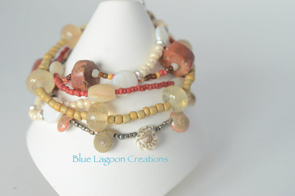 5 Strand Tribal Themed Lampwork, Shell and Stone Bead Bracelet