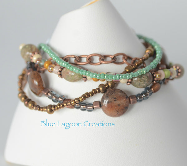 Five Strand Green and Copper Jasper Bead Starfish Bracelet