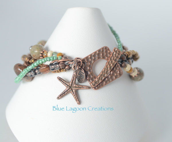 Five Strand Green and Copper Jasper Bead Starfish Bracelet