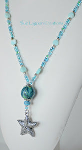 Light Blue Turqoise Beaded Pendant Necklace with Lampwork Bead by Michal Silberberg
