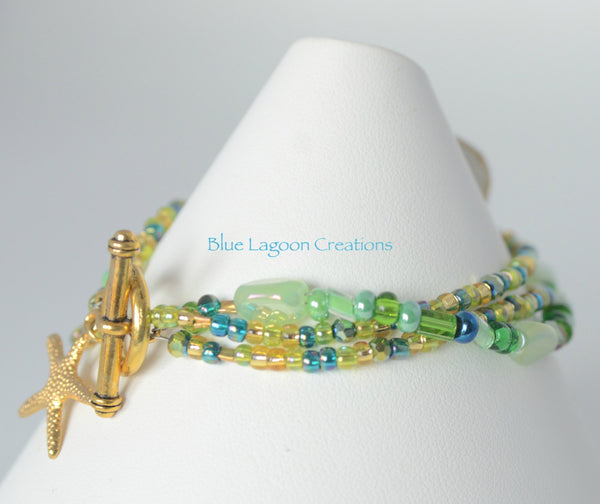 Green and Gold Three Strand Starfish Bracelet