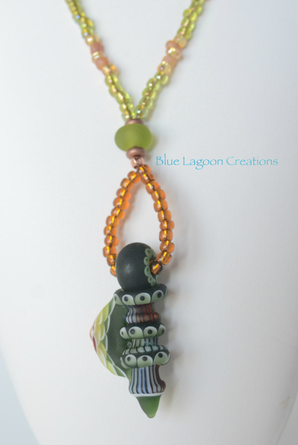 Green, Amber and Copper Lampwork Pendant Necklace with Bead by Anastasia
