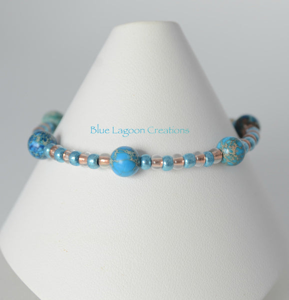 Blue Jasper and Copper Bead Bracelet with Seashell Charm