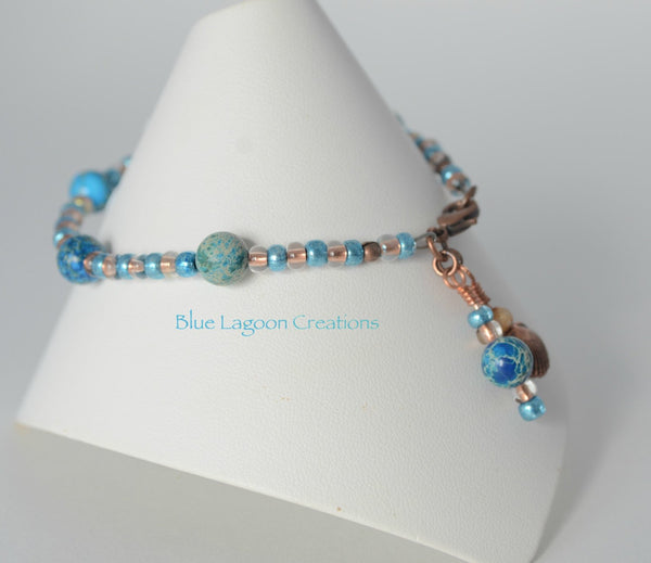 Blue Jasper and Copper Bead Bracelet with Seashell Charm